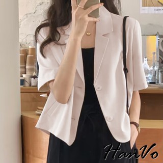 【HanVo】翻領短版薄款西裝外套 簡約素面設計感 韓系女裝 女生衣著 A07-4550