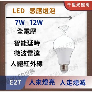 【快速出貨】LED 感應燈泡 紅外線人體＆微波雷達感應 7W 12W E27燈頭 全電壓 感應插座 感應式 亮博士