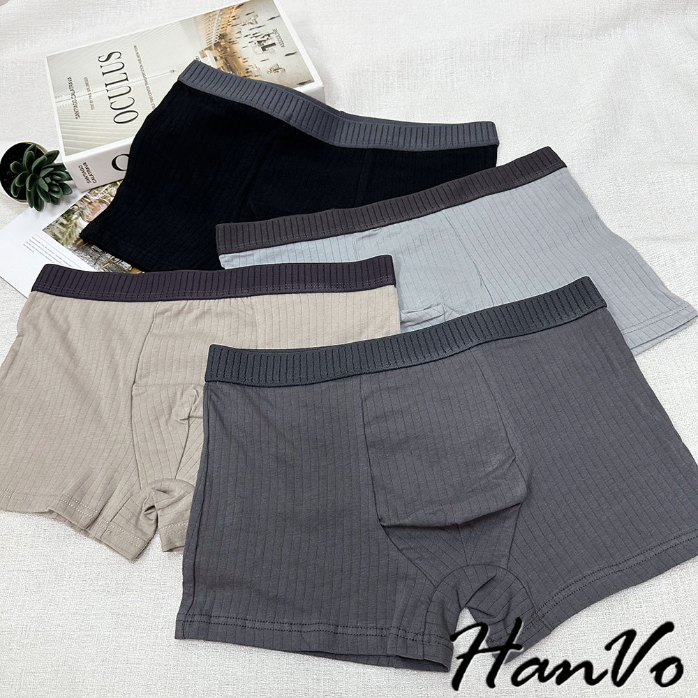 【HanVo】直坑紋純棉抗菌系列四角褲 吸濕排汗透氣親膚中腰內褲 獨立包裝 流行男款內褲 內著 B5010