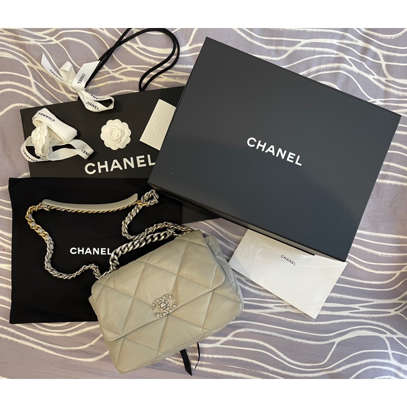 保證正品 99新Chanel 19超時髦銀釦X灰綠色 30cm口蓋 手提/肩背/斜背包