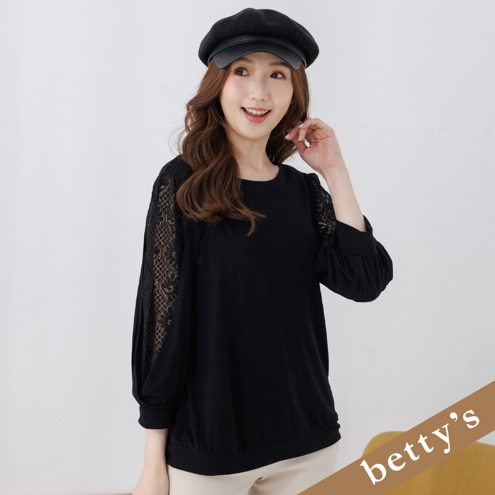 betty’s貝蒂思(25)蕾絲拼接五分袖T-shirt(黑色)