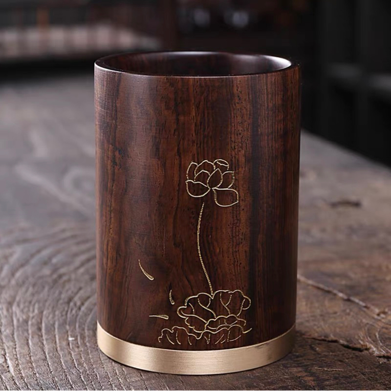 《泓潤》精雕 黑檀木鑲黃銅 純銅筆筒 黑檀筆筒 花盆花瓶 擺件 實木 原木 擺件