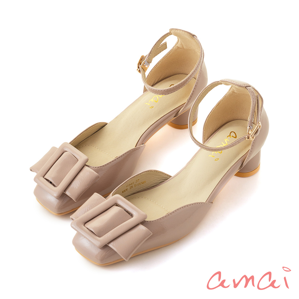 amai 法式優雅方釦繞踝漆皮方頭低跟鞋 平底鞋 上班鞋 低跟 軟皮 百搭 氣質 小香風 大尺碼 粉色 G342PN
