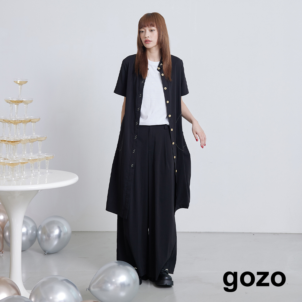 【gozo】配色壓線短袖襯衫洋裝(黑色/綠色_F) | 女裝 顯瘦 百搭