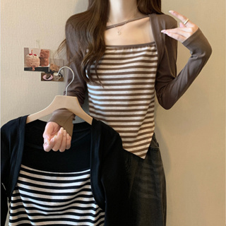 雅麗安娜 上衣 打底衫 內搭衫S-XL條紋顯瘦拼接假兩件上衣方領打底衫TCF02-91094.
