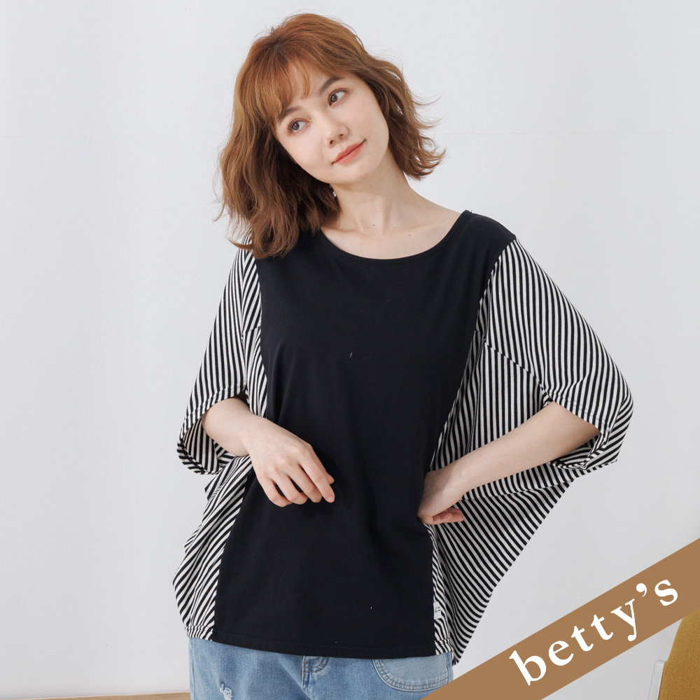betty’s貝蒂思(25)條紋拼接圓領魟魚袖T-shirt(黑色)