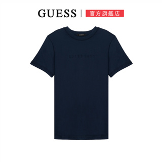 【GUESS】純色立體浮雕LOGO短T-深藍