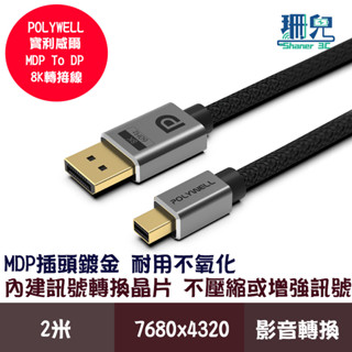 POLYWELL 寶利威爾 MDP To DP轉接線 2米 8K60Hz 多螢幕 工作站顯示卡 影音轉接線