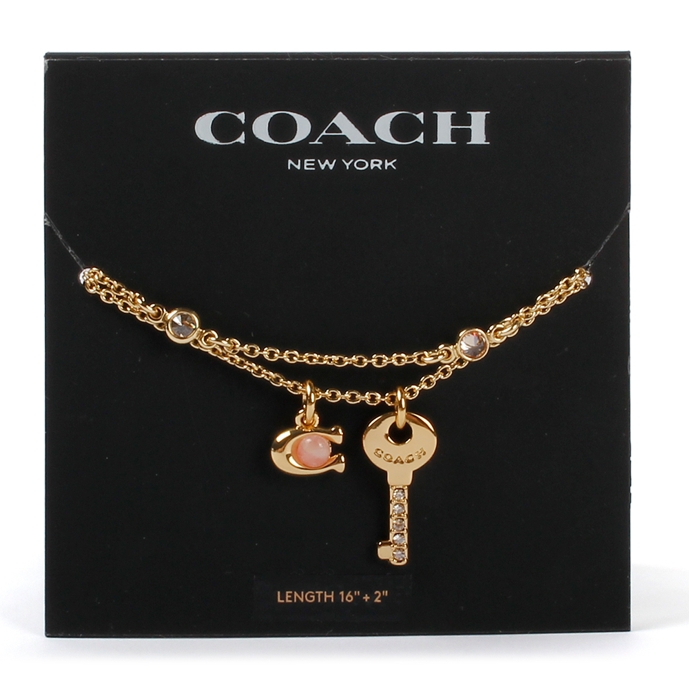 COACH珍珠C字水晶鑲鑽鑰匙造型雙層項鍊(粉/金色)194841
