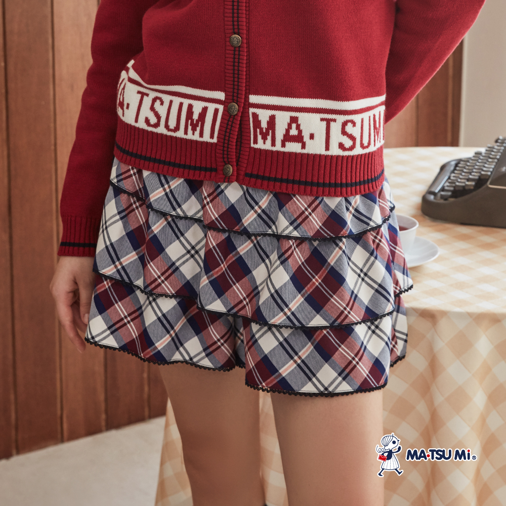 MA‧TSU Mi 學院風格紋褶邊蛋糕短裙(紅.墨綠)