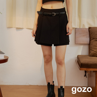 【gozo】百褶假兩件短褲裙附皮帶(淺卡其/黑色_M/L) | 女裝 修身 百搭