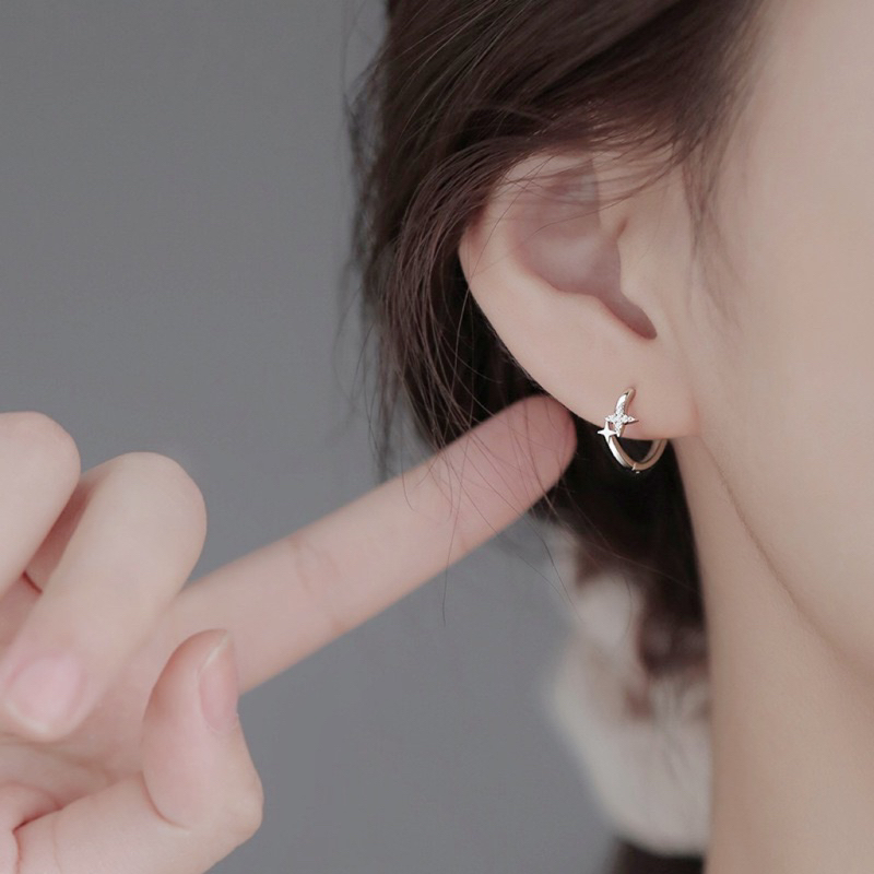 𝗟𝗧𝗠𝗞 現貨 | K95 | 925 純銀 四芒星 水鑽 耳環 耳圈 耳扣 養耳洞 耳針 耳釘 扣式 純銀耳環