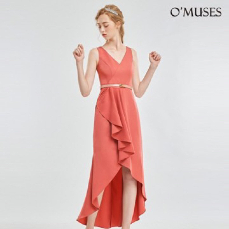 穿一次✨O‘MUSES歐繆思-V領前短後長魚尾婚宴粉色洋裝禮服/媽媽禮服M號