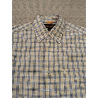 Timberland 淡黃色短袖格紋襯衫 棉質休閒襯衫 L號 XL號