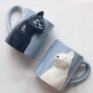 日本 Sunart 黑白配 情侶杯 馬克杯 對杯 貓咪馬克杯 陶瓷杯 咖啡杯 立體貓 造型杯 杯子 水杯 送禮 情人節