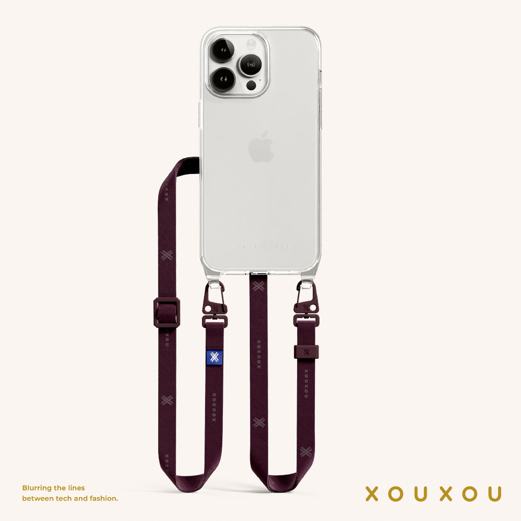 XOUXOU / 12mm細背帶掛繩手機殼組-透明Clear&amp;勃根地紫Burgundy