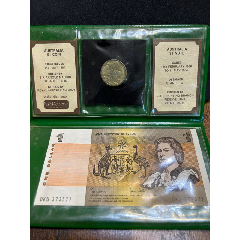 澳洲🇦🇺1984年「最後一張1元紙鈔💴+第一枚1元硬幣🪙」組合（LAST $1 NOTE 、FIRST $1 COIN）