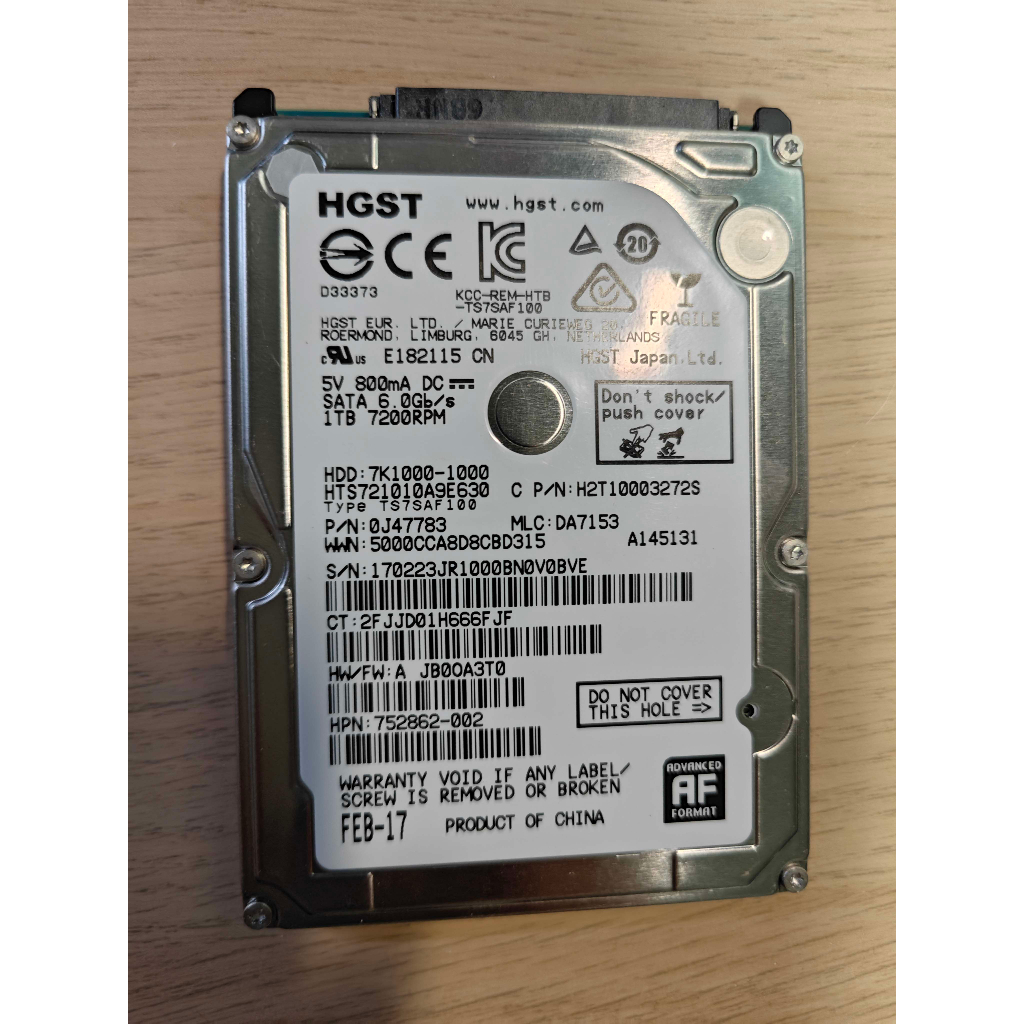 HGST 1TB/2.5吋/HDD 7200轉 良品無壞軌硬碟