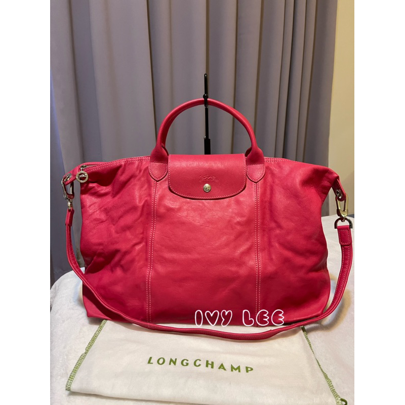 LONGCHAMP Le Pliage Cuir小羊皮短把折疊水餃包-珊瑚紅  手提包 肩背包 二手精品