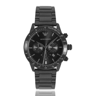 【EMPORIO ARMANI】黑鋼三眼計時腕錶 不鏽鋼錶帶(AR11242)