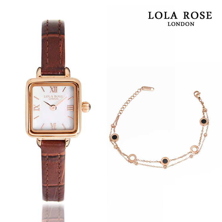 【LOLA ROSE】玫瑰金框 羅馬數字白面 棕色皮革錶帶 手鍊套組(LR4167)