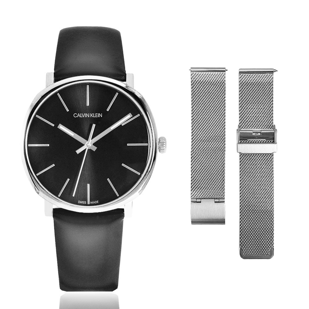Calvin Klein | CK紳士簡約三針皮帶腕錶-黑x白鋼 K8Q311C1-加碼贈白鋼米蘭帶