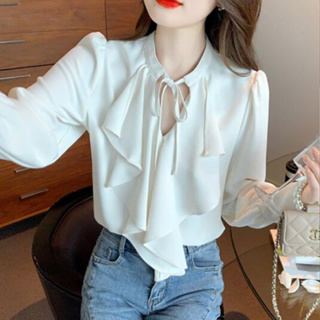 時尚 上衣 長袖襯衣 雪紡衫 甜美 S-XL新款法式V領襯衫女長袖韓系溫柔上衣別緻襯衫H310-6189.