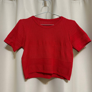 紅色短版短袖針織上衣 韓版少女款休閒短版T恤