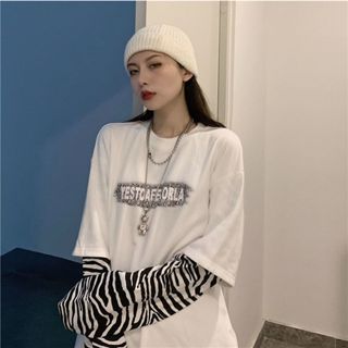 蔓莎💞2025棉質條紋假兩件圓領衛衣女春秋薄款外套長袖T恤女上衣打底衫女 衣服 女生衣著