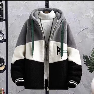 M-8XL 羊羔絨 連帽外套 棒球外套 拼接搖粒絨 棒球連帽外套 港風男外套 毛絨外套情侶 教練夾克 休閒連帽 男女款