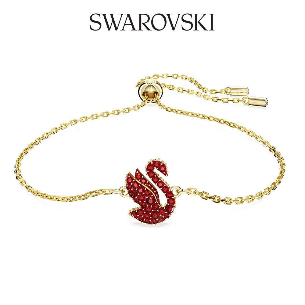SWAROVSKI 施華洛世奇 Iconic Swan 手鏈 天鵝, 細碼, 紅色, 鍍金色色調