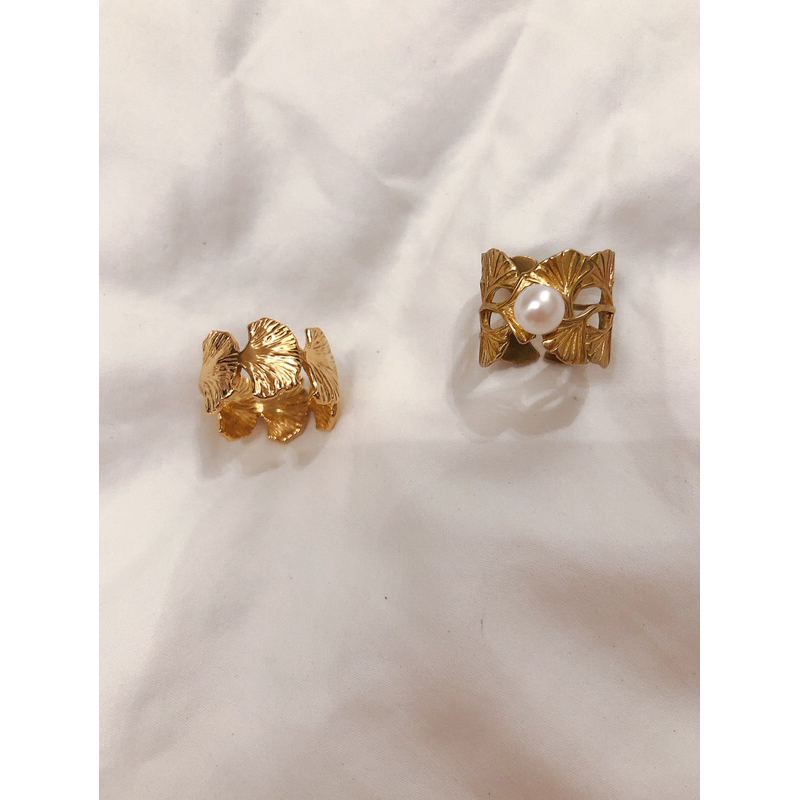 dreAMbition1989 法國銀杏造型戒指 天然珍珠 金色 古銅金