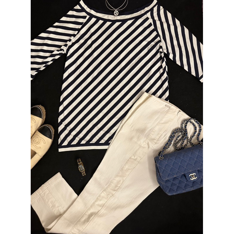 Chanel 香奈兒 黑白斜紋 軟尼龍 寬鬆 長版上衣／Dior 藍白 直條紋 襯衫
