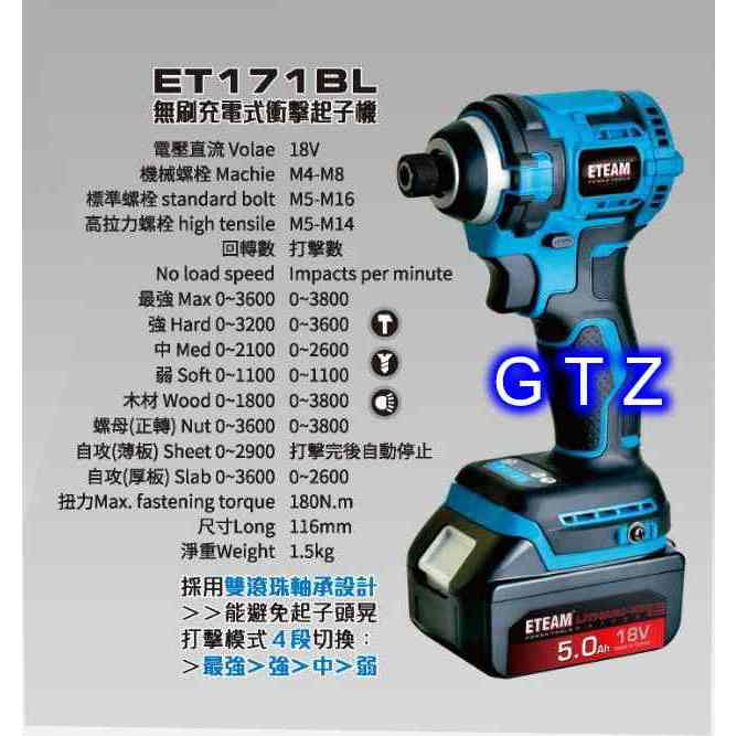 ETEAM 一等 ET171BL 無刷充電式衝擊起子機 - 18V 4.0Ah電池 牧田通用/牧田款