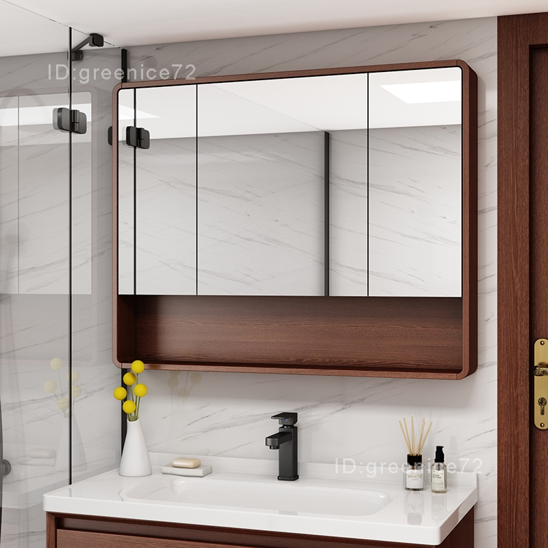 圓角橡木浴室鏡櫃衛生間鏡子帶置物架掛牆式鏡前櫃實木儲物櫃單獨JG3