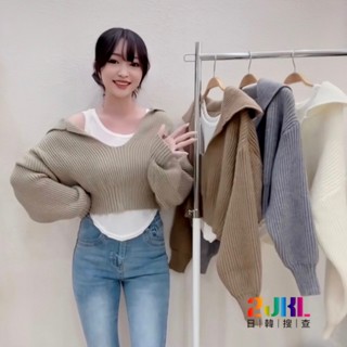#L19112242 簡約海軍領上衣真兩件套裝 白色打底弧度內搭背心+海軍V領短版長袖上衣
