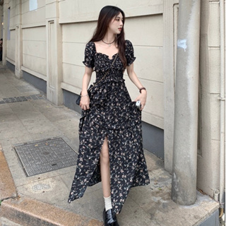 【ʟɪᴏɴɴ現貨】韓系黑色碎花短袖洋裝 黑色洋裝 顯瘦洋裝 連身洋裝 韓國洋裝 短袖洋裝 茶系洋裝 洋裝 海邊洋裝
