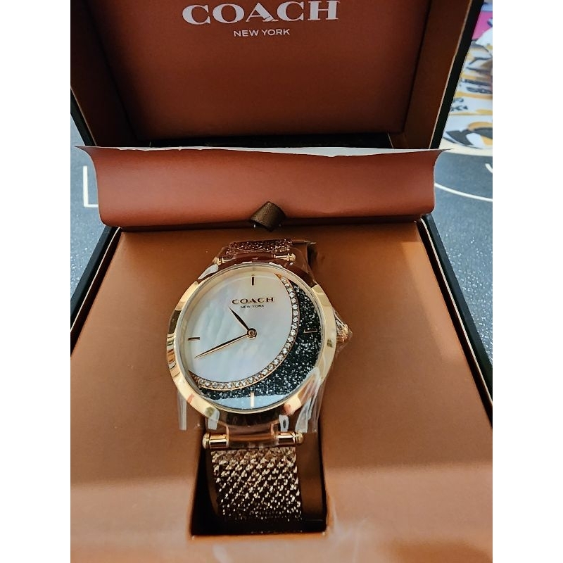 優惠COACH Park系列 貝殼面星月晶鑽 米蘭錶帶女錶 手錶 腕錶 玫瑰金9.9成新現貨