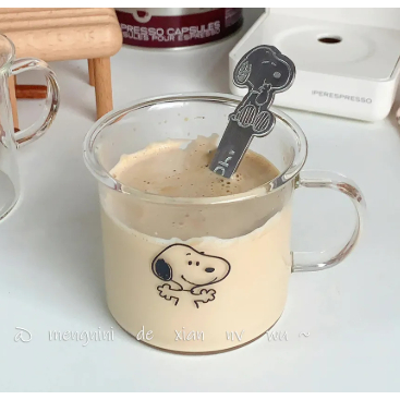 【優品】ins日韓卡通小狗翻邊玻璃杯史努比耐高溫水杯早餐杯牛奶杯咖啡