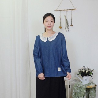 花木馬日系女裝鏤空刺繡娃娃領牛仔上衣
