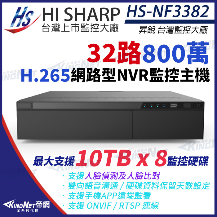 昇銳 HS-NF3382 H.265 800萬 32路 監視器 人臉辨識 4K RAID NVR 網路主機 8顆硬碟