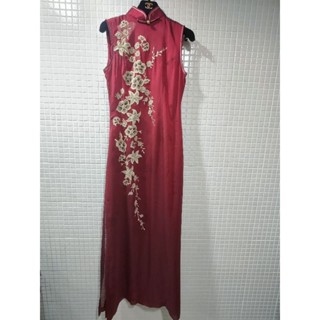 復古風/暗紅色/刺繡花朵/旗袍/洋裝/Size:9/質感很好/適合宴會/婚宴生日party禮服 Cosplay（近全新）
