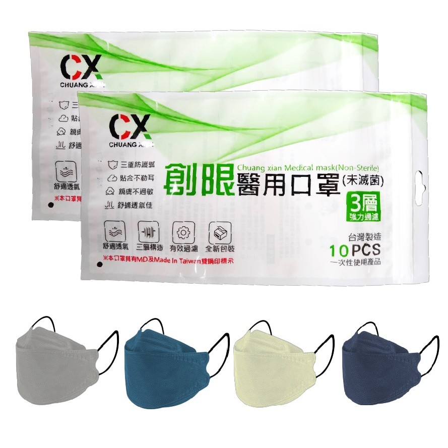 買十送乾洗手凝膠x1【創藝】台灣製 創限魚型醫用口罩 10片/包(台灣快速出貨）4D立體口罩 韓版KF94 台灣醫療口罩