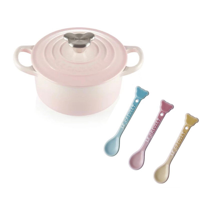 Le Creuset 🇫🇷雪紡粉 貝殼粉 小熊鋼頭 鑄鐵鍋 14cm 贈小熊湯匙組 LC