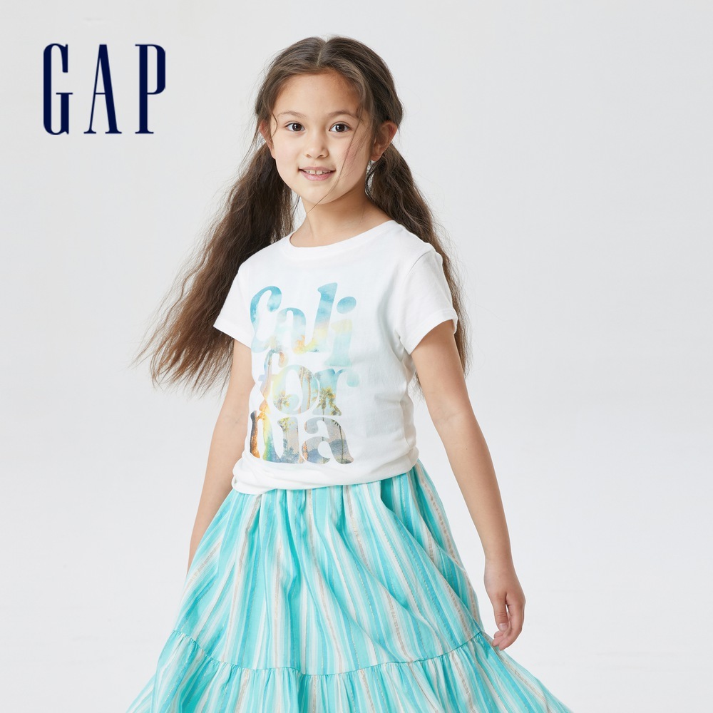 Gap 女童裝 Logo純棉印花短袖T恤-白色(877487)