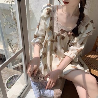 【現貨】純棉 睡衣組 睡衣＋睡褲 柔軟棉紗小熊睡衣 睡衣 小熊睡衣 翻領熊熊睡衣 🐻