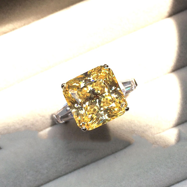 黃財神 馬達加斯加 2克拉 方鑽 黃水晶 黃寶石 香檳彩鑚  S925銀 戒指 可調式戒圍 1489