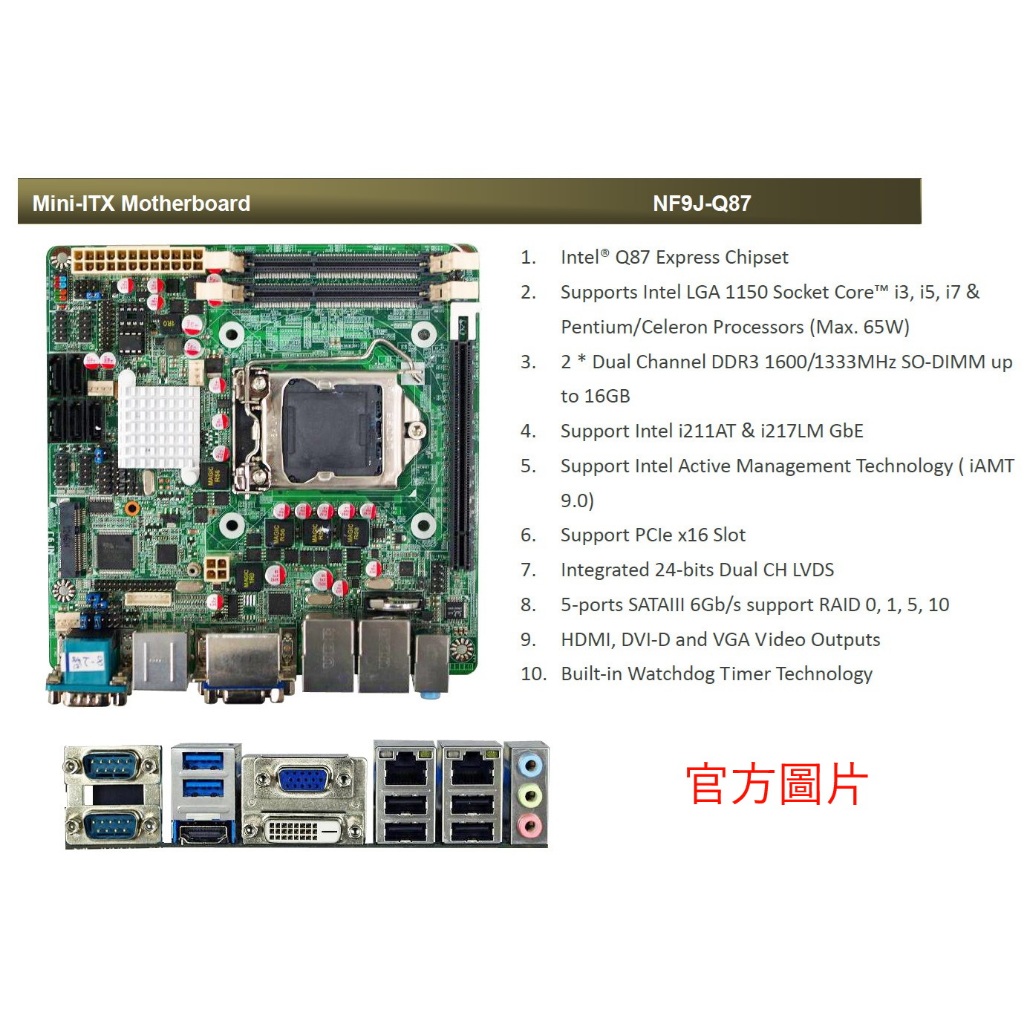 【A-29】捷波 NF9J-Q87 LGA 1150 Intel Q87 Mini ITX工控INTEL主機板/庫存新品