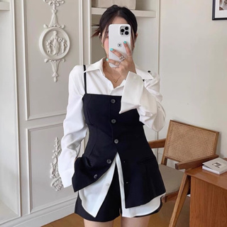 2023 韓國chic秋季法式氣質翻領寬鬆長袖襯衫+單排扣西裝吊帶背心套裝