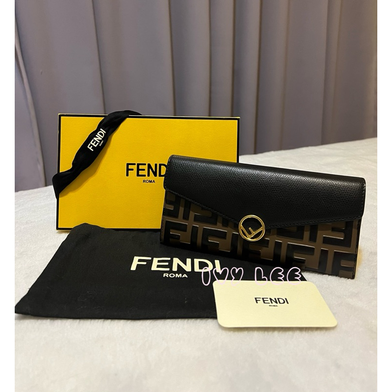 FENDI F IS FF 圖案歐陸式女式長皮夾 8M025 黑色 x 棕色 x 金色 二手精品